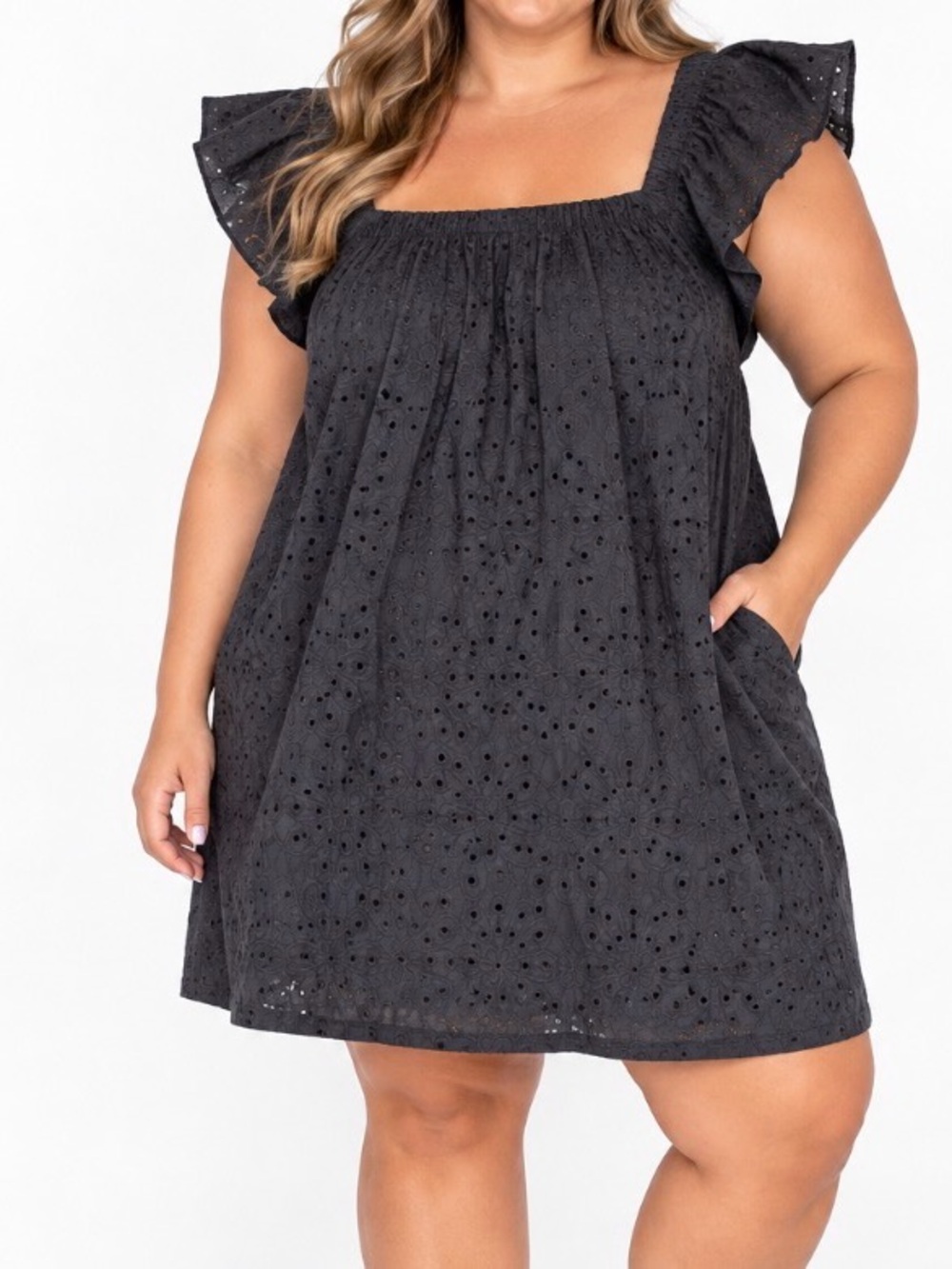 Lane Bryant Black Eyelet Square-Neck Top babydoll dress puff sleeves SZ 28 NEW